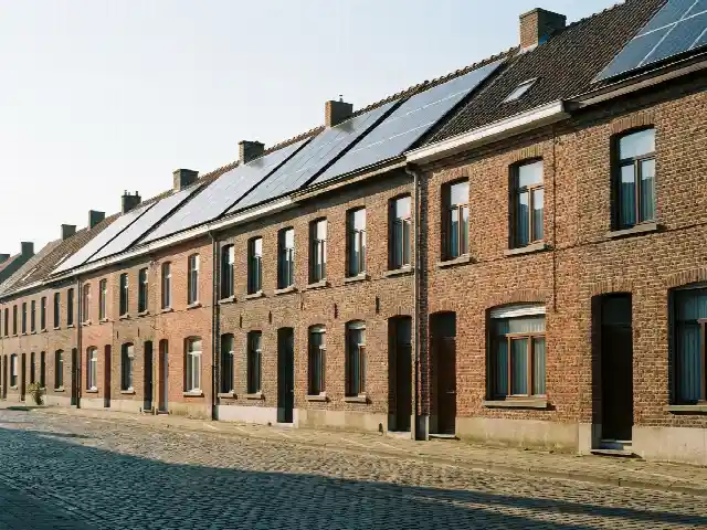 Rijwoningen met zonnepanelen op het oostelijke en westelijke dakvlak